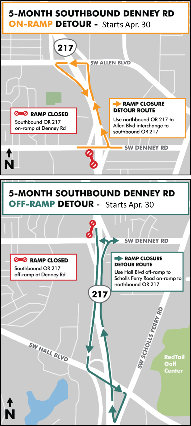 Denney Road on-ramp and off-ramp detour maps