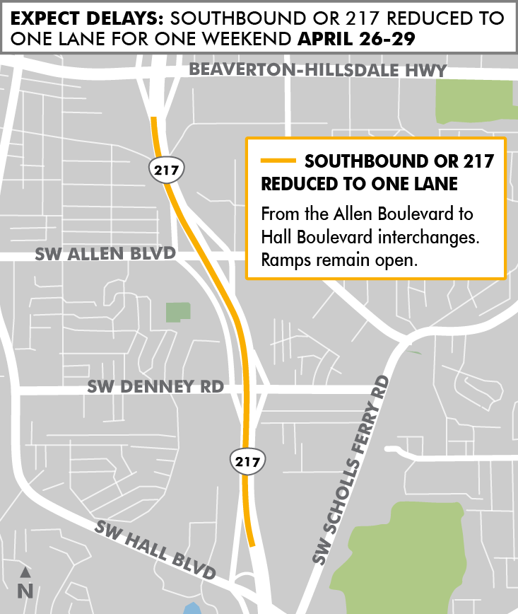 Map of OR 217 southbound lane closure.png