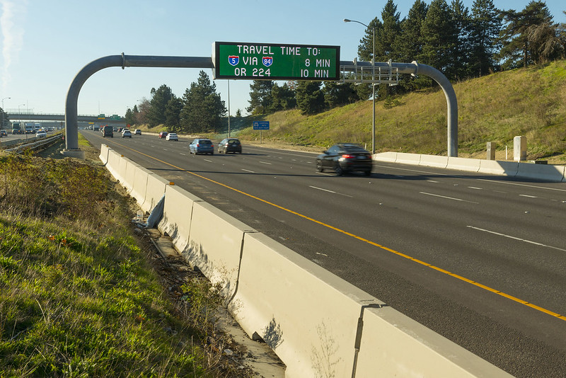 Sign bridge with new RealTime signs on I-205