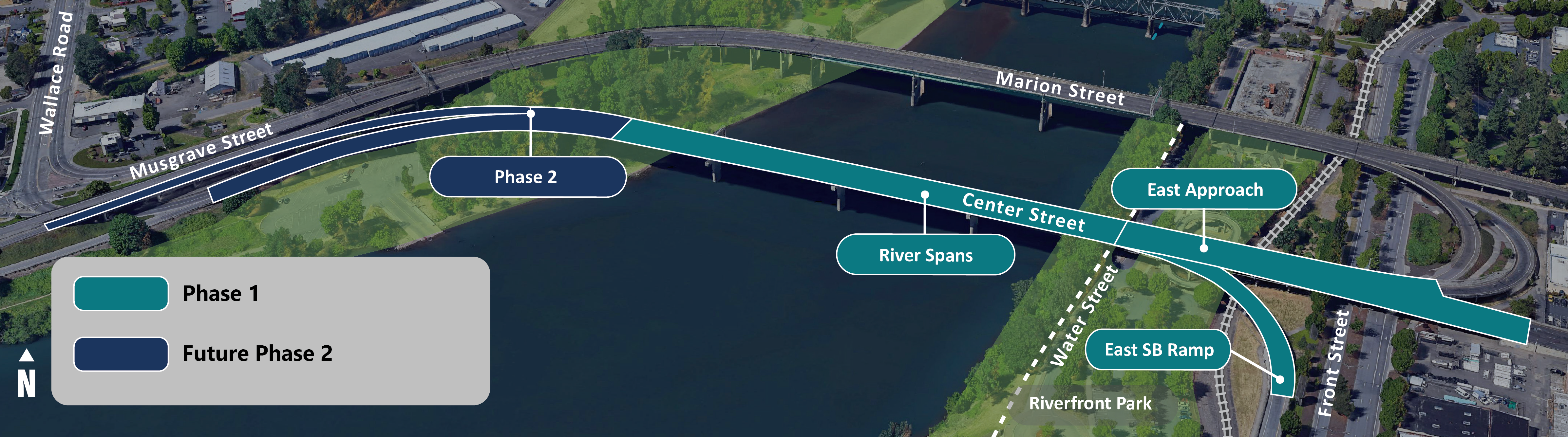 Aerial view showing Phases 1 and 2 of the Center Street Bridge Project