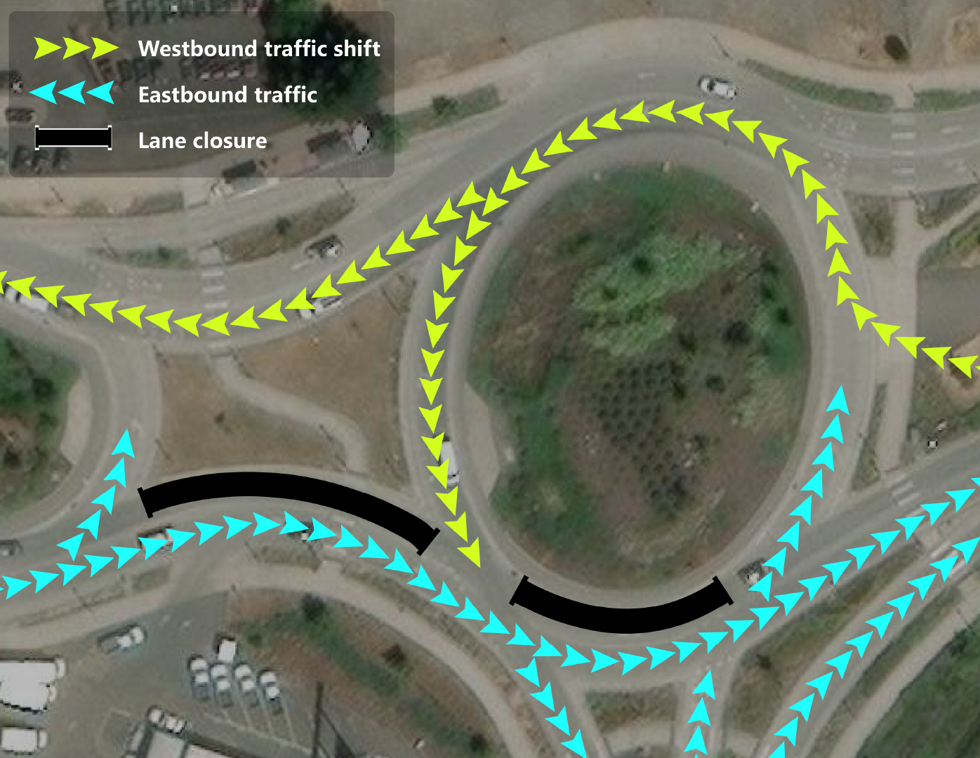 Close up graphic showing the lanes shift in the roundabouts