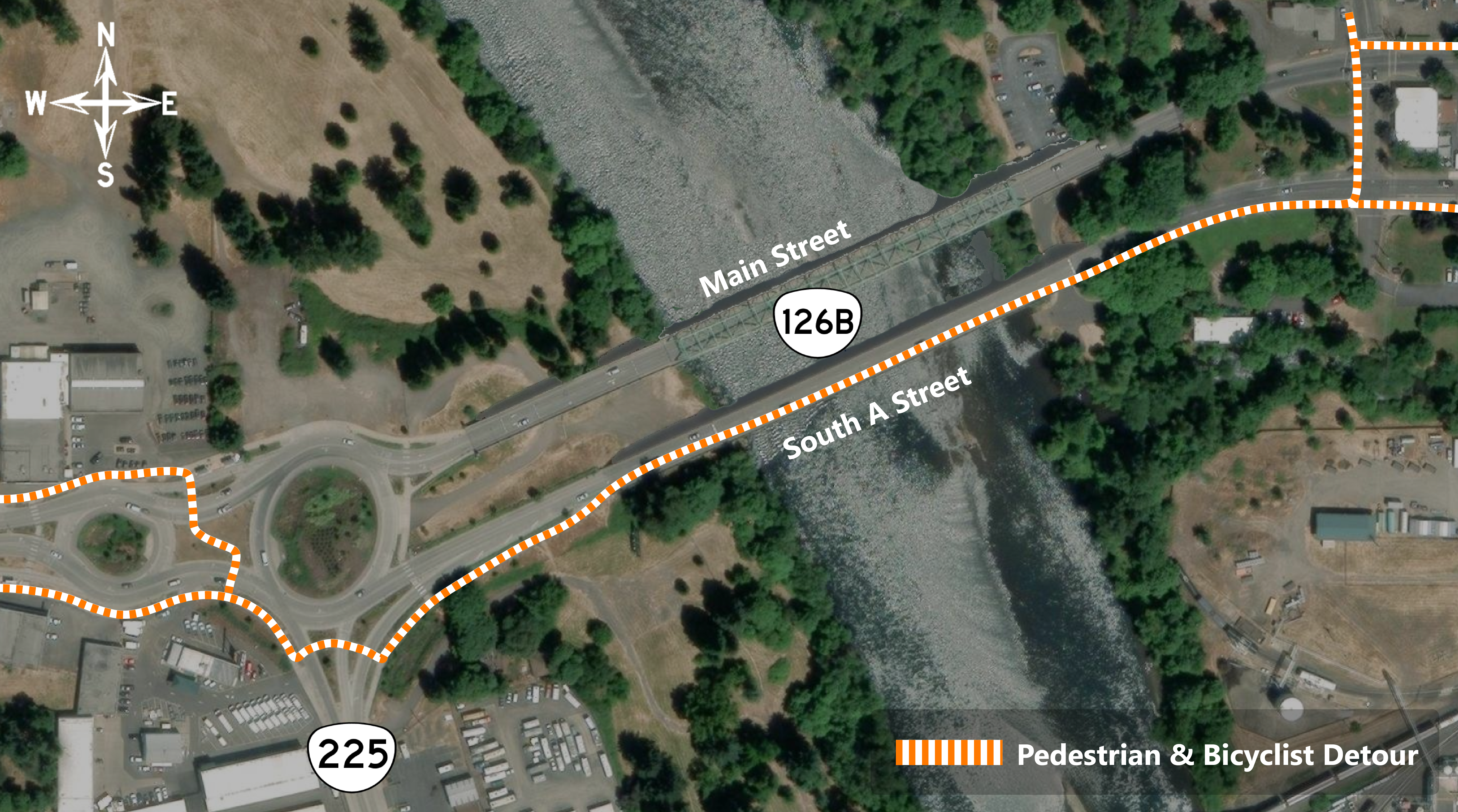 graphic showing bike and pedestrian detour route using the eastbound bridge