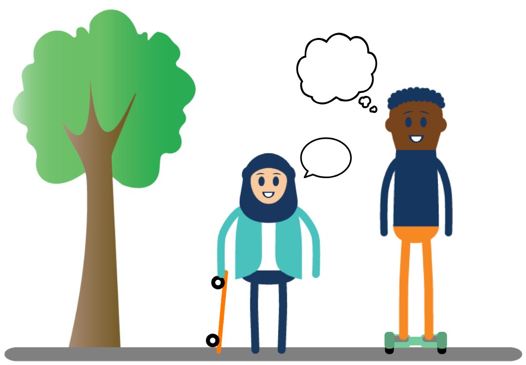 Icon of two community people next to a tree with a thought bubble and speech bubble.