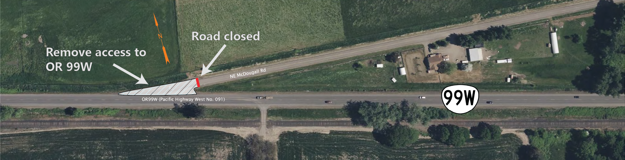 Aerial photo of OR 99W/NE McDougall Road intersection west of OR 18