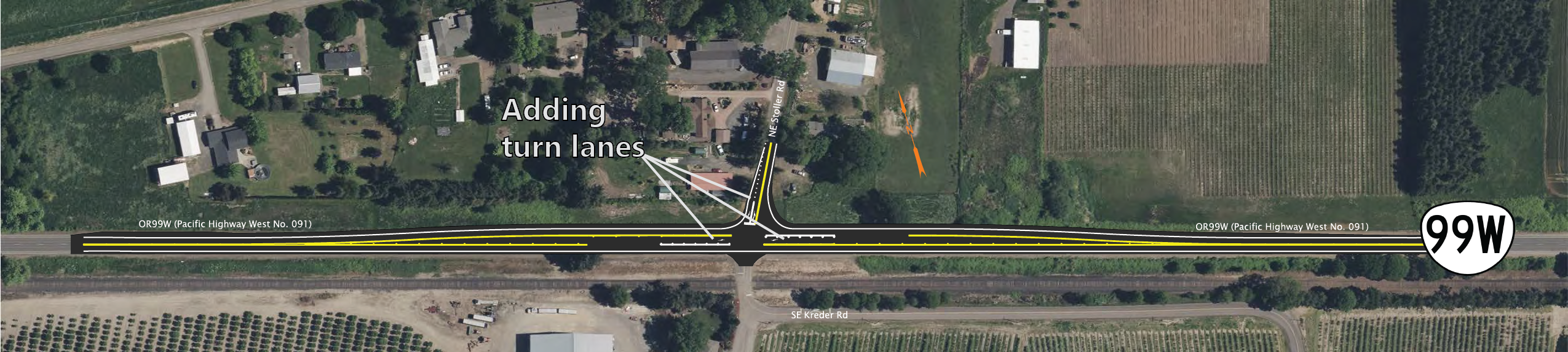 Aerial photo of OR 99W/NE Stoller Road intersection west of OR 18