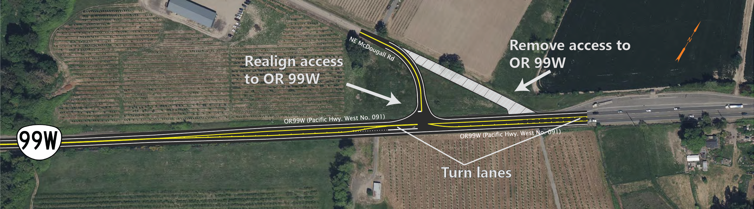 Aerial photo of OR 99W/NE McDougall Road intersection east of OR 18