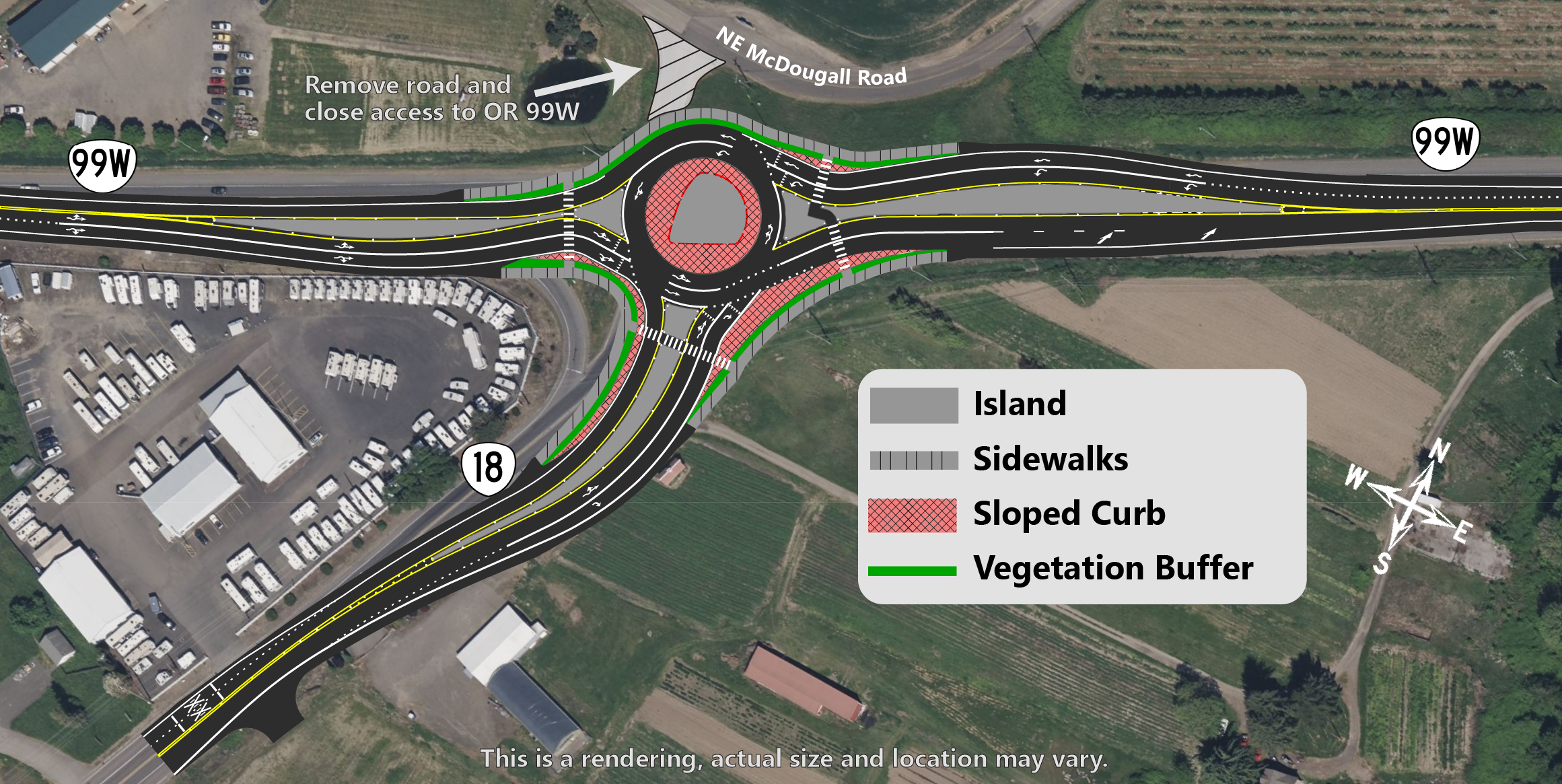 Aerial of the OR 99W & OR 18 intsection with roundabout diagram overlay