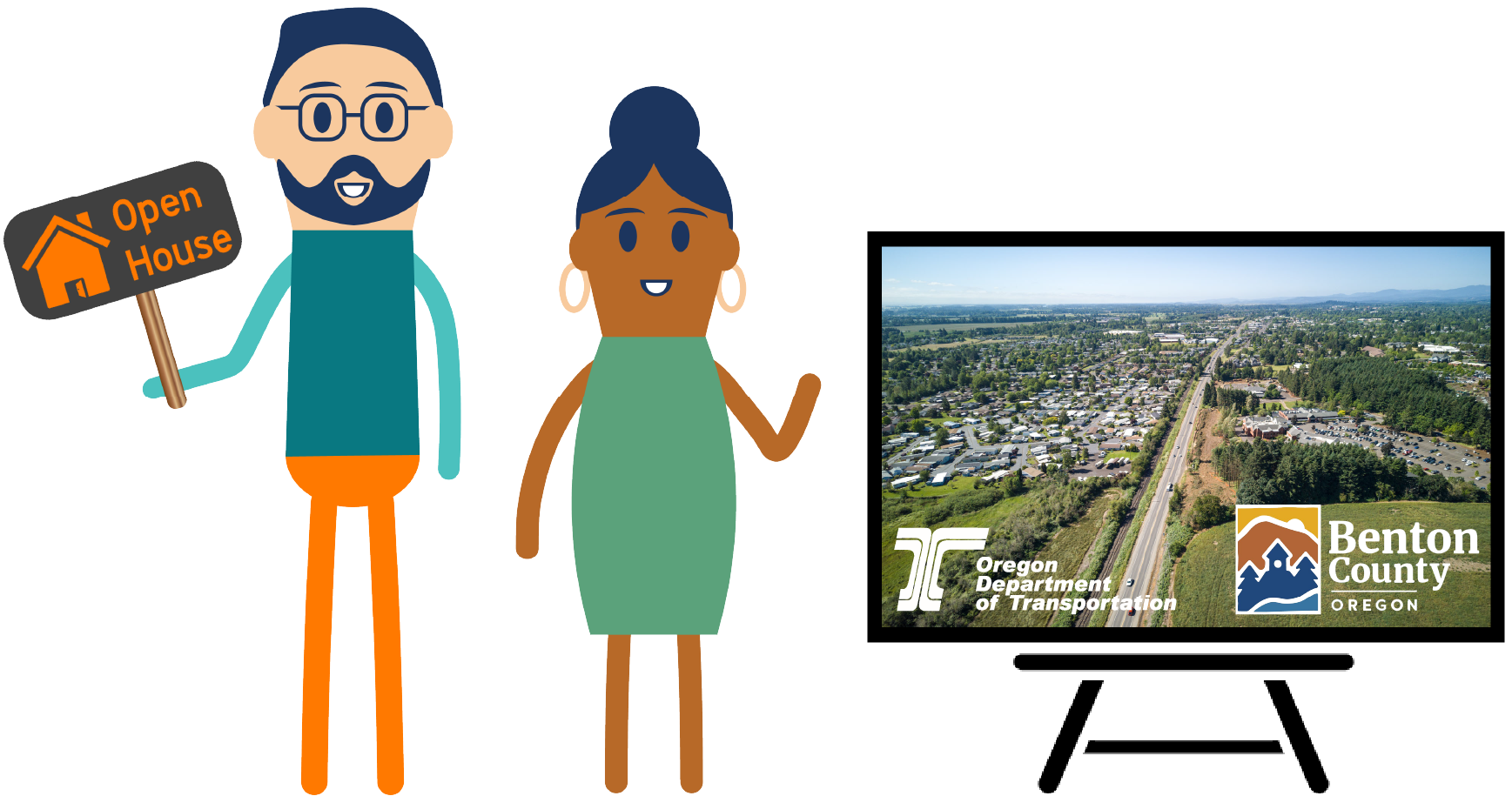 Graphic showing two people with welcome sign and a photo of Benton County on an easel