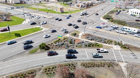Aerial view of the "Big X" intersection near Medford where OR 99, OR 238, and OR 62 converge. March 2024.