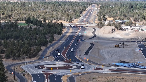 Aerial view of the roundabout at US 97 and US 20. September 2024.