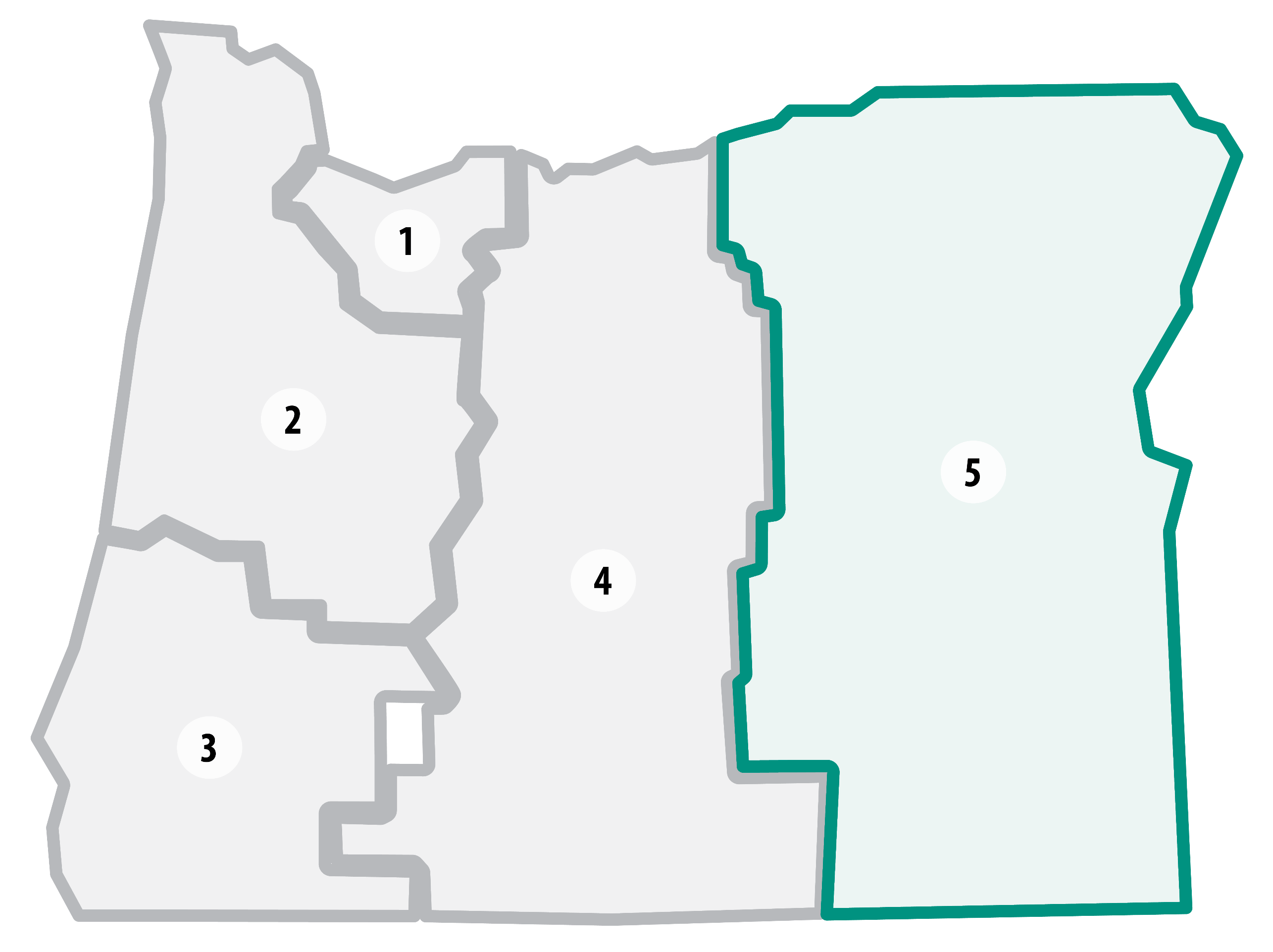 Oregon map with ODOT region boundaries outlined. Region 5 highlighted in color.