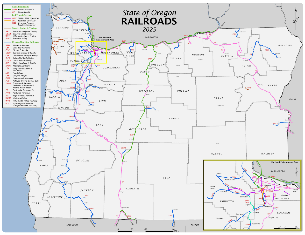 Map showing railroad locations in Oregon