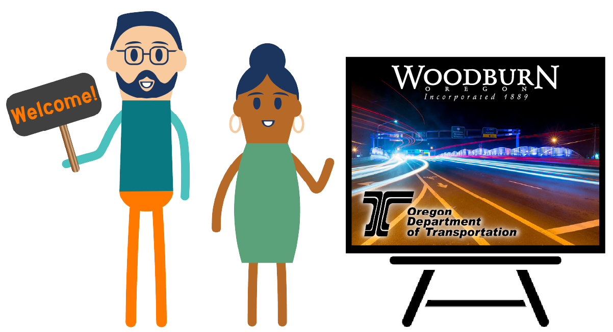 Graphic showing two people with welcome sign and Woodburn photo graphic on an easel