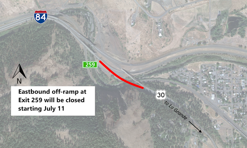 Map of Exit 259 eastbound off-ramp closure.