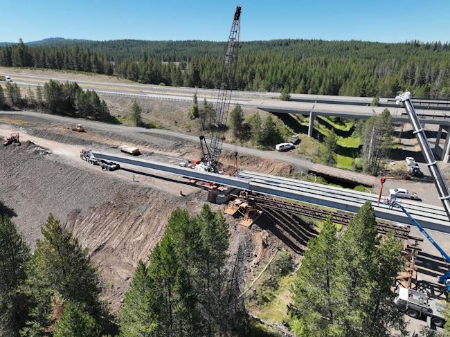 Aerial view of bridge girder placement.