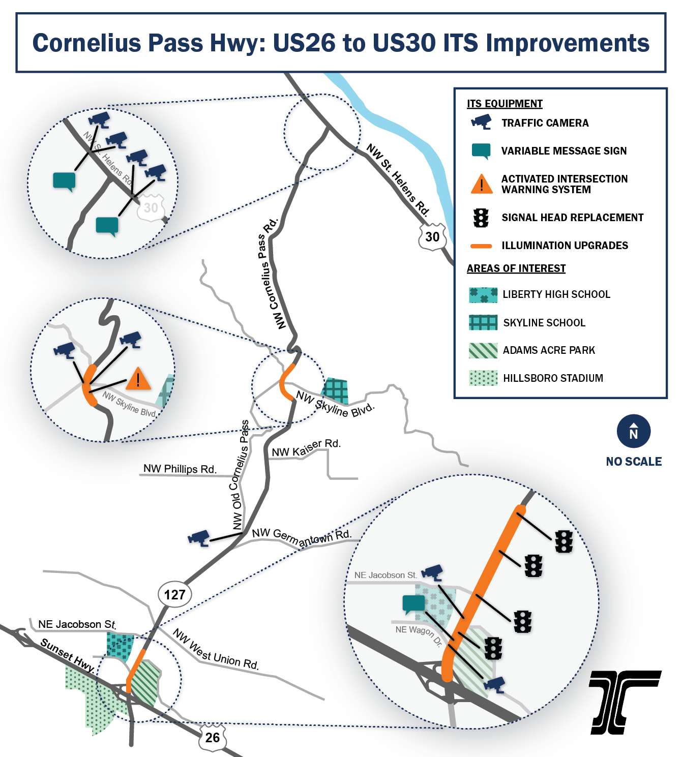 Map of the Cornelius Pass Highway project area showing improvements planned from U.S. 26 to U.S. 30. 