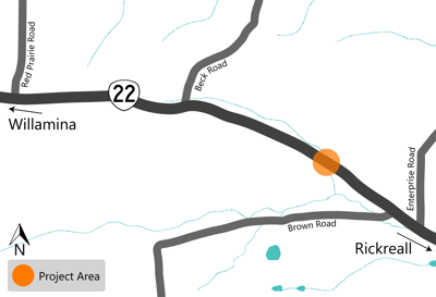 Project map highlighting the project are on OR 22 at milepoint 7.7 and 7.76 between Beck Road and Brown Road