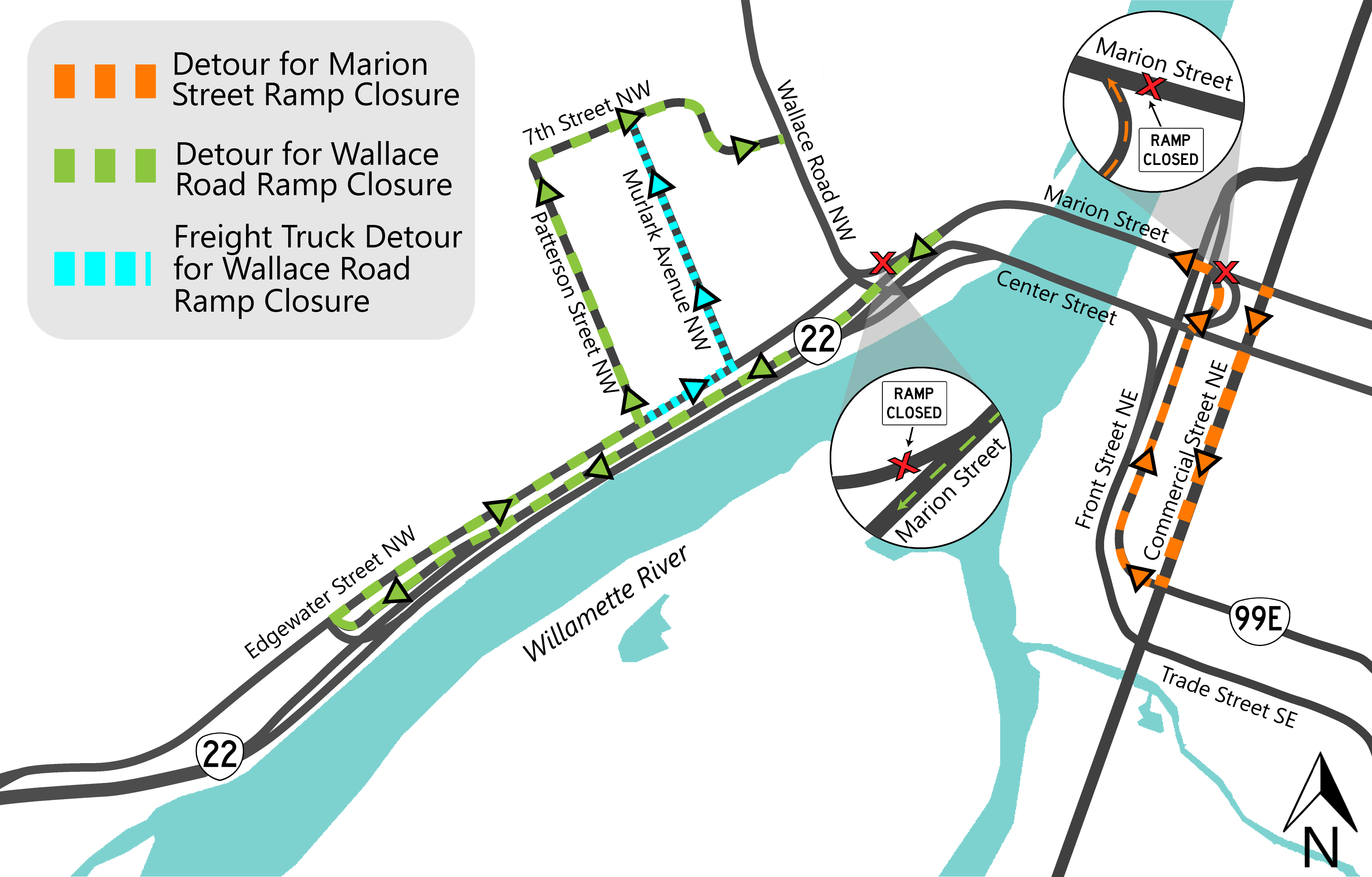 detour map for Marion Street on-ramp and Wallace Road off-ramp closures