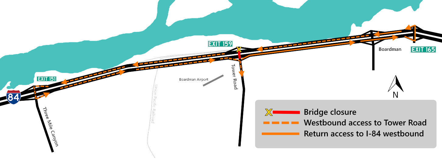 Map of detour for Tower Road Interchange Bridge project