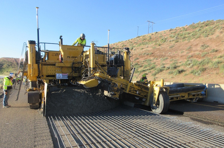 Concrete paving machine on I-84 near Farewell Bend.