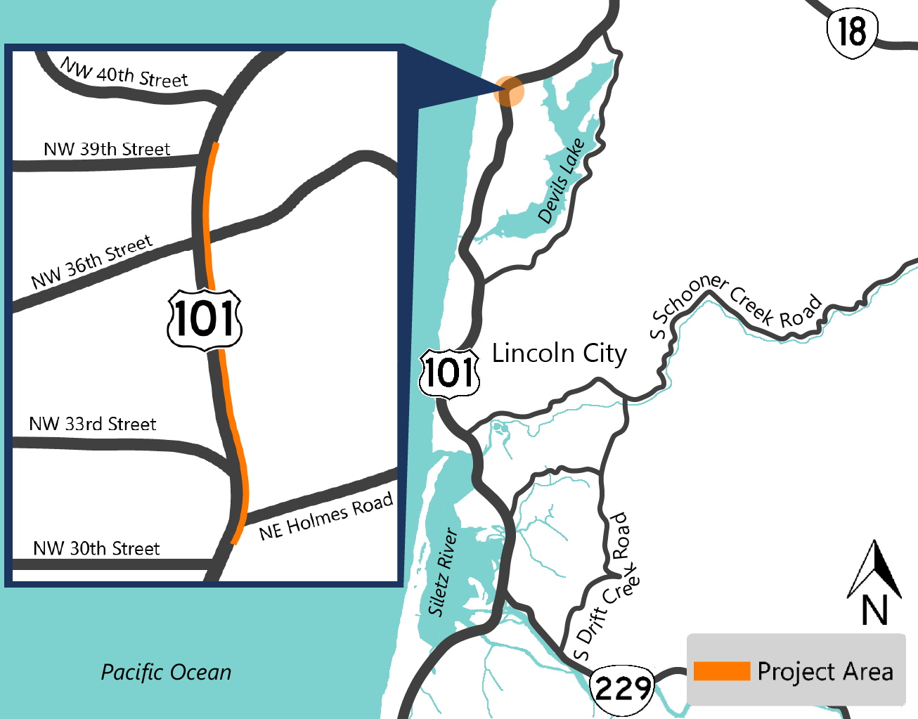 project area map highlighting U.S. 101 from 39th Street to Holmes Road