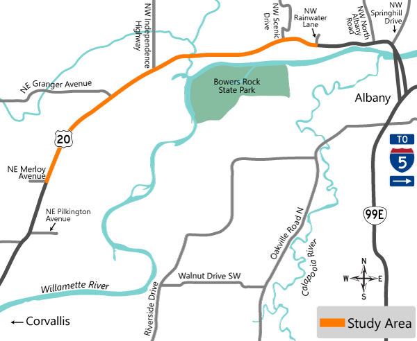 project area map highlighting U.S. 20 area from NE Merloy Avenue to NW Rainwater Lane