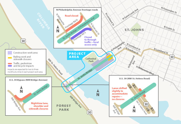Project area map showing work and traffic impact areas.