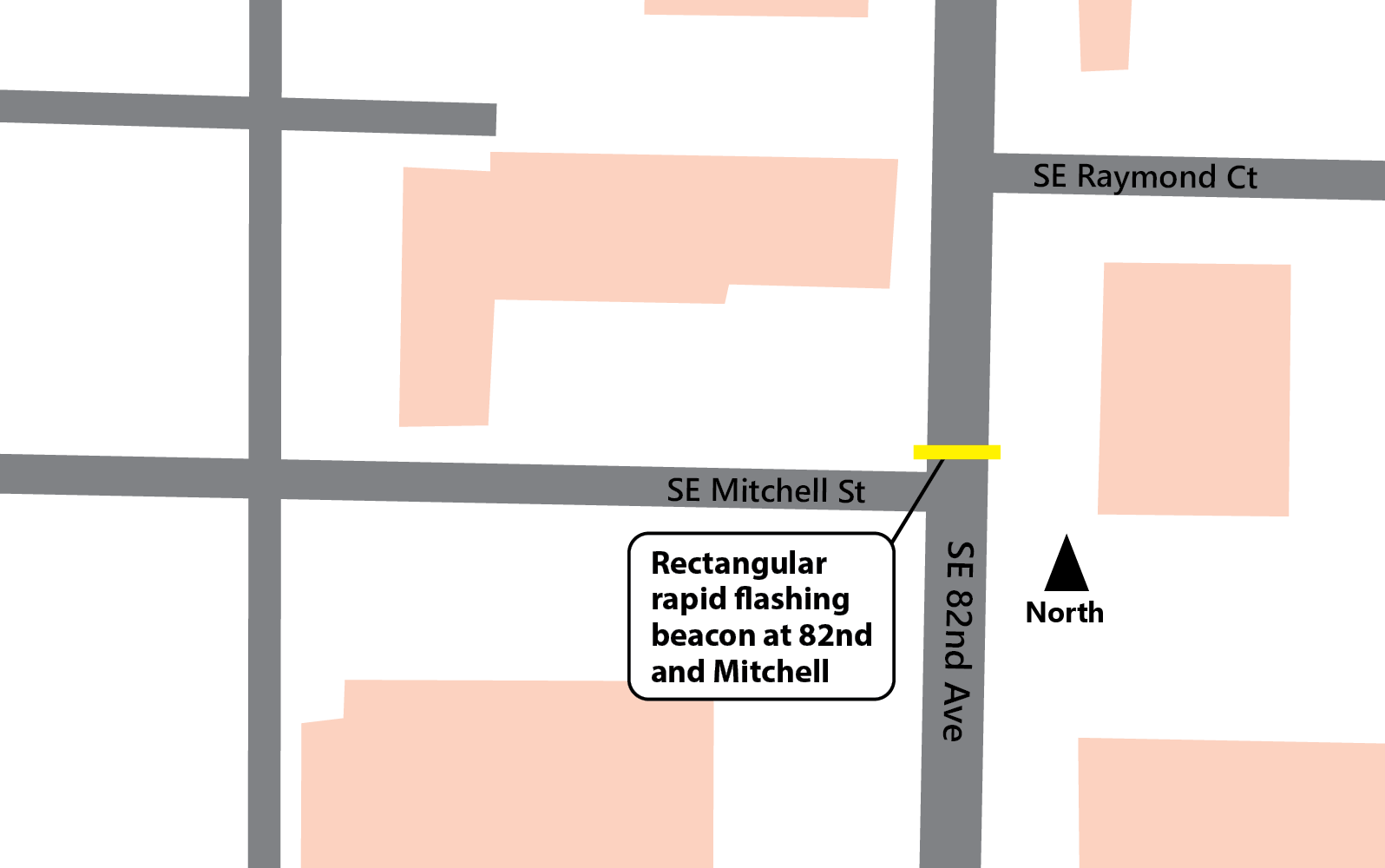 A rapid flashing beacon location shown on a map on SE 82nd Avenue at SE Mitchell Street.