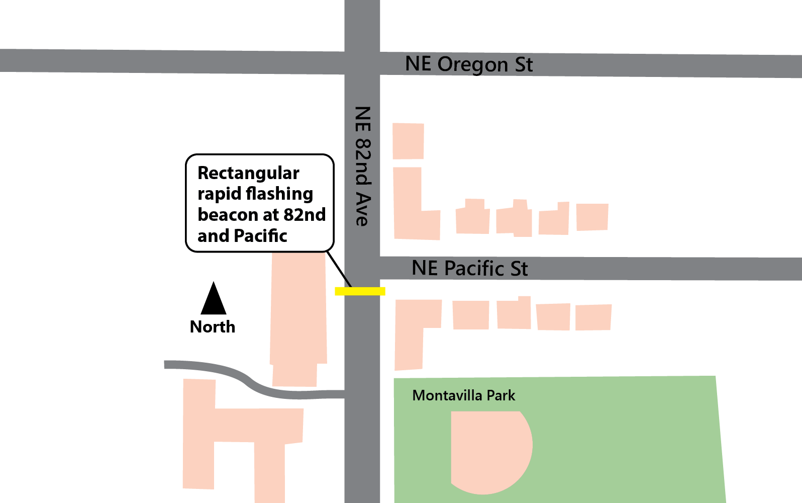 Rapid flashing beacon location shown on map on NE 82nd Avenue at NE Pacific Street, just north of Montavilla Park