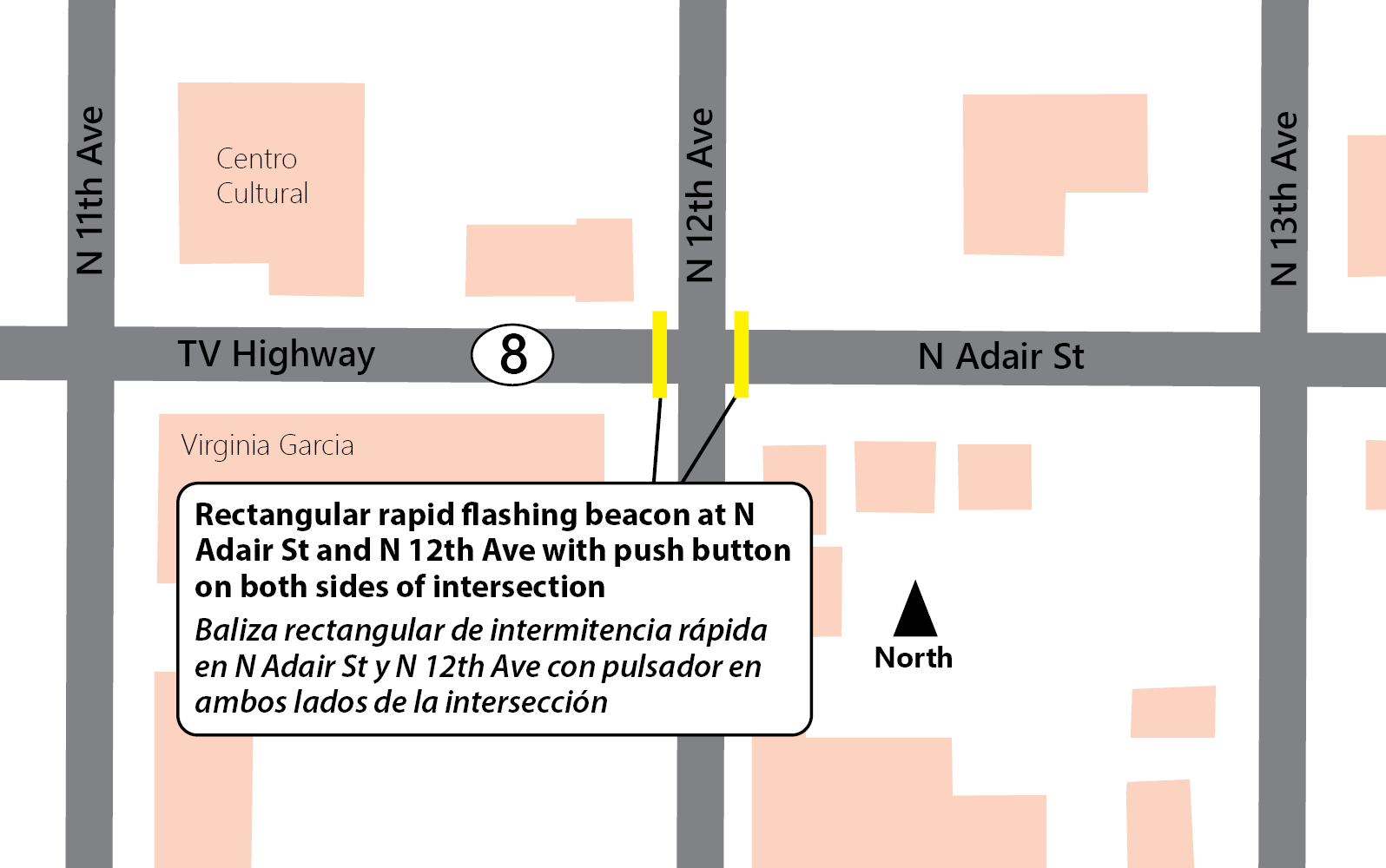 A rapid flashing beacon location shown on a map at North Adair Street (TV Highway) at North 12th Avenue near Virginia Garcia.