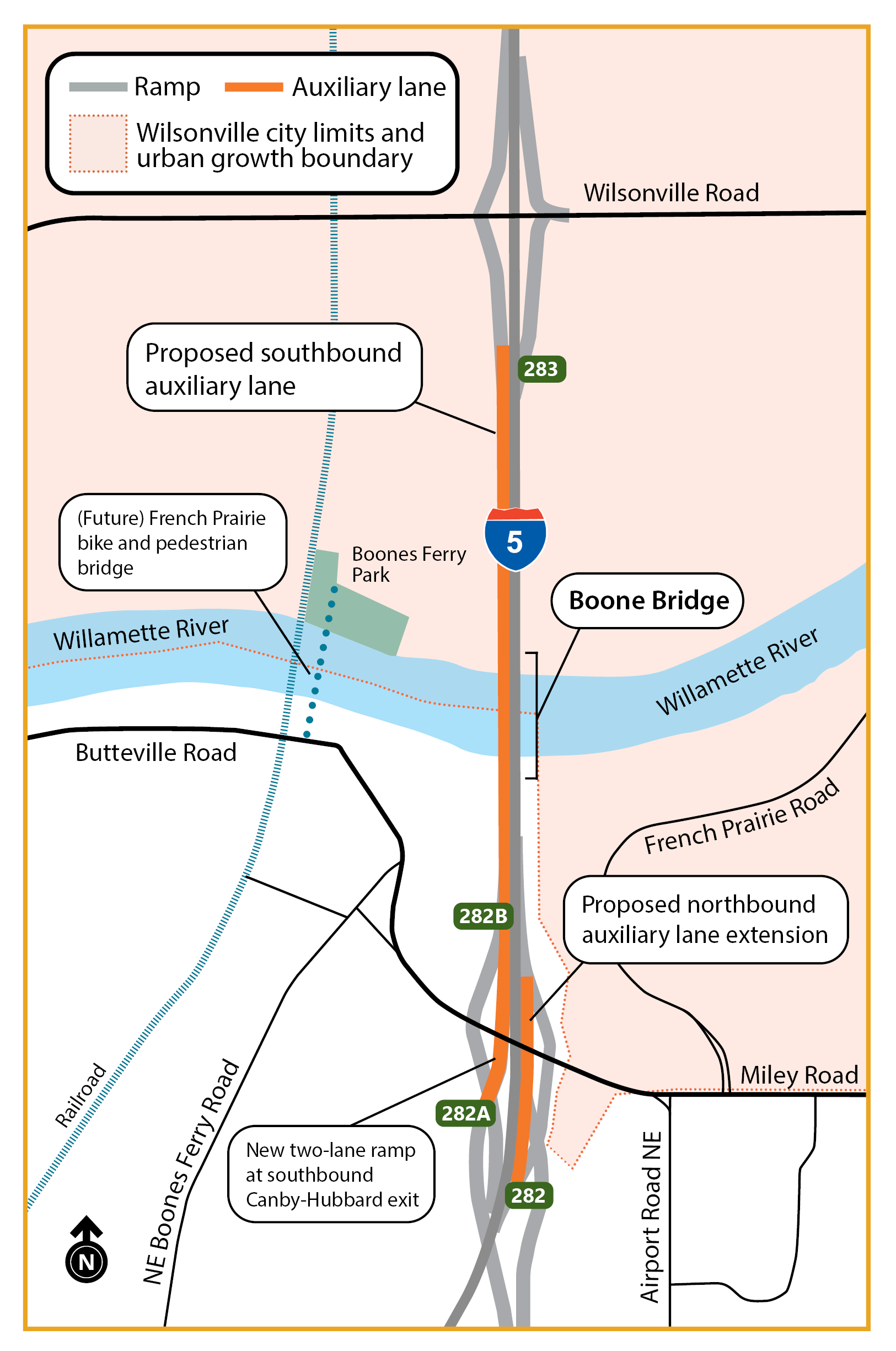 Area map showing future and proposed improvements around the Boone Bridge area of I-5 south of Wilsonville