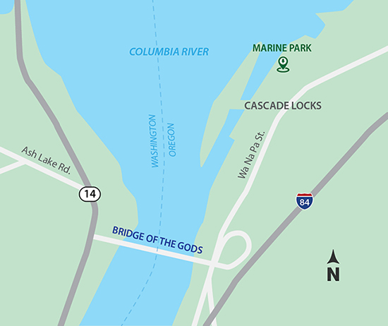 Marine Park is located in Cascade Locks, northeast of the Bridge of the Gods along the Columbia River. 