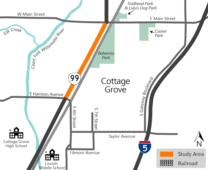 study area map highlighting OR 99 from Main Street to S 4th Street in Cottage Grove