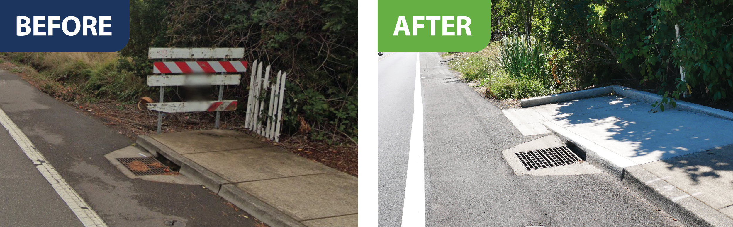 End of the sidewalk near the intersection of SW Hall Boulevard and SW 92nd Avenue before and after improvements.