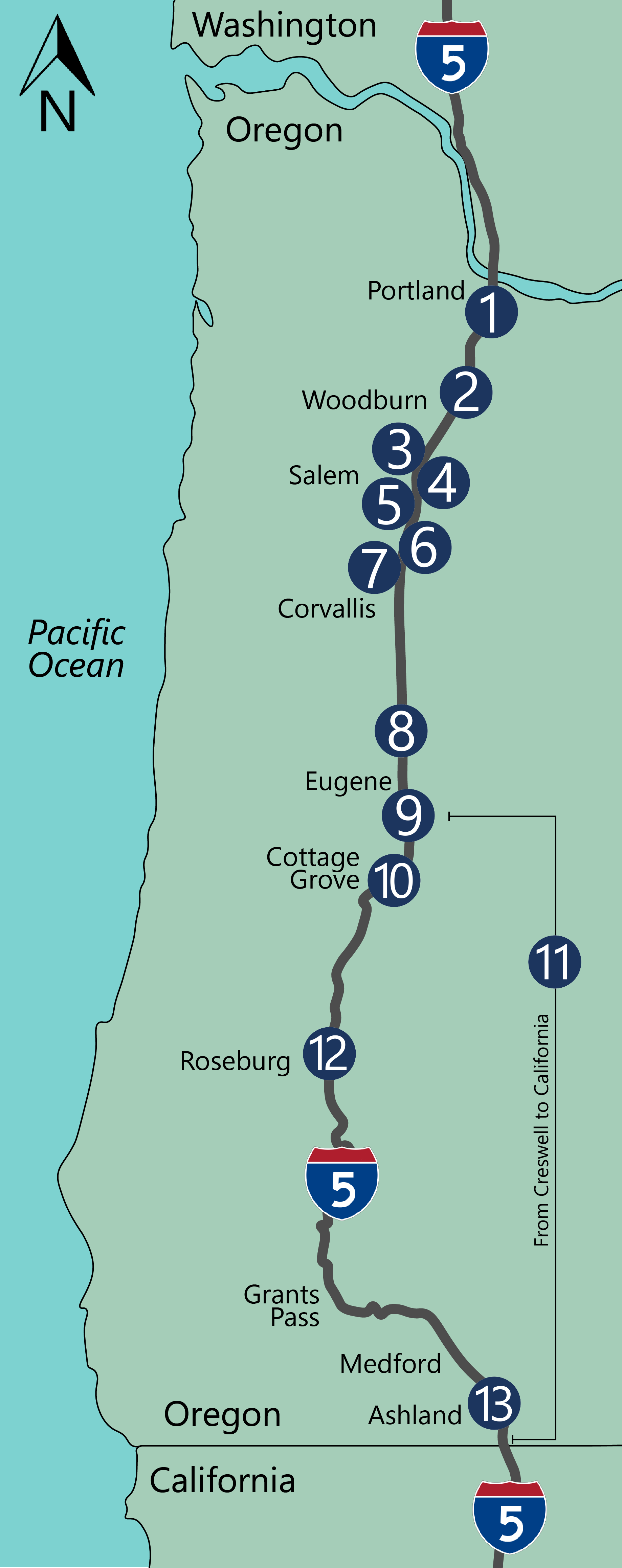 I-5 corridor in Oregon with numbered project locations