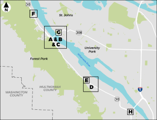 Map showing where the U.S. 30, NW Bridge Avenue, and Cathedral Park detours are located