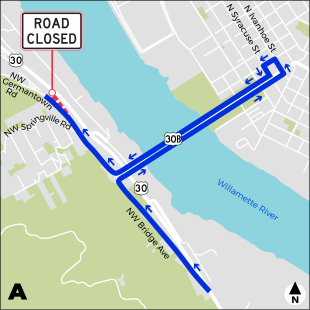 Map showing how vehicles will access NW Germantown Rd and NW Springville Rd while nighttime detours are in place.