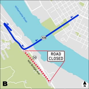 Map showing how vehicles will access U.S. 30 while eastbound NW Bridge Ave is closed at night. 