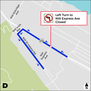 Map showing how vehicles will access NW Express Avenue while detours are in place.