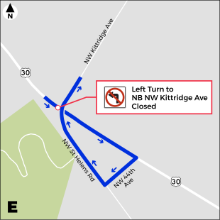 Map showing how vehicles will access NW Kittridge Avenue while detours are in place. 