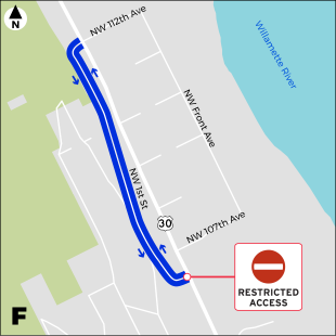 Map showing how vehicles will access NW 1st Street while detours are in place.