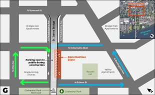 Map showing where parking spaces will be temporarily reduced and how vehicles can reach the open parking spaces. 