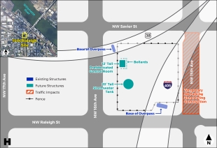 An aerial view of 1500 NW Raleigh Street site showing where the visible structures and temporary no parking zones will be locate