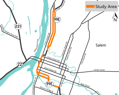 project area map highlighting OR 99E in downtown Salem