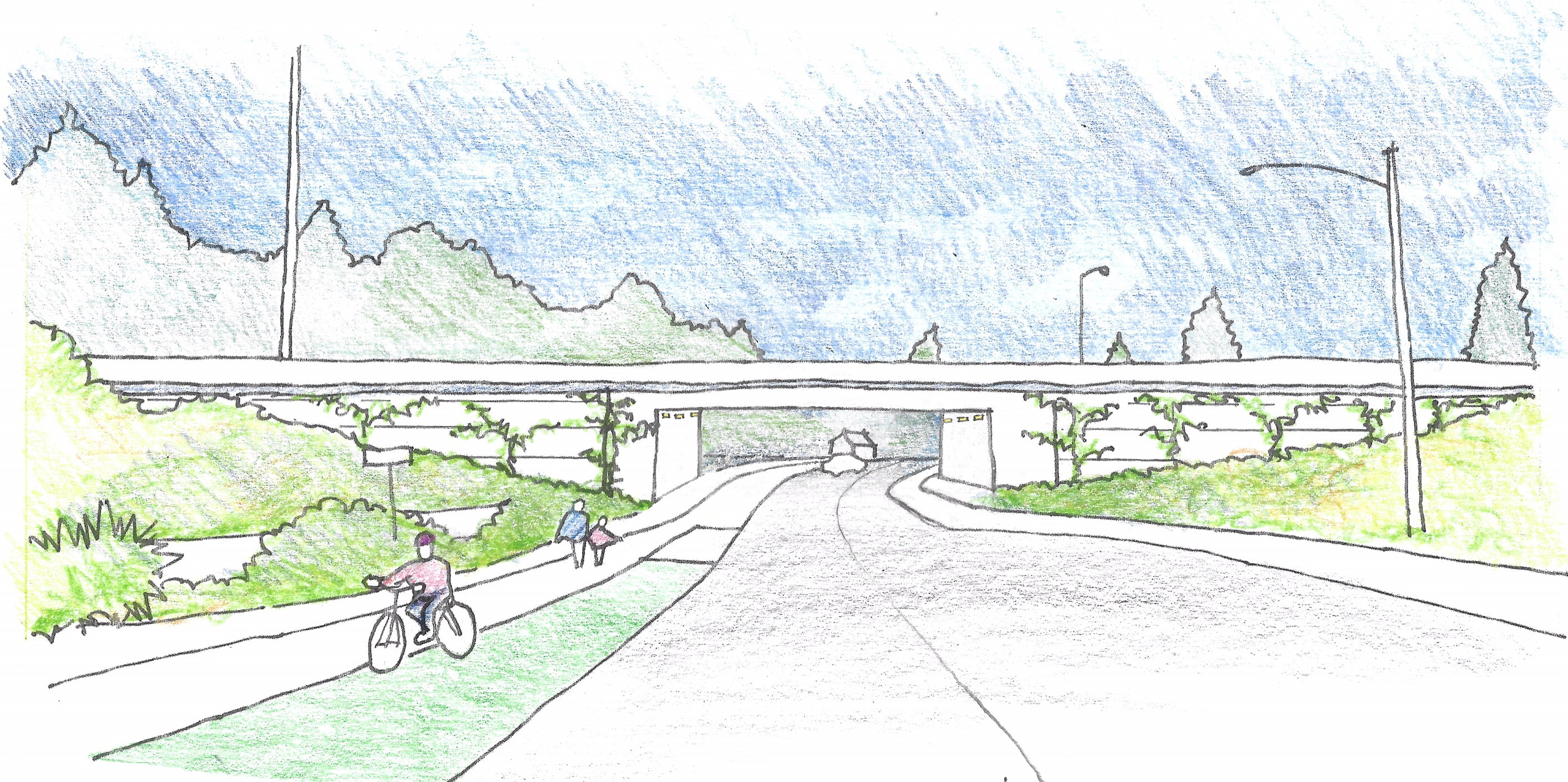Illustration of a bike path and underpass for SW 26th Avenue