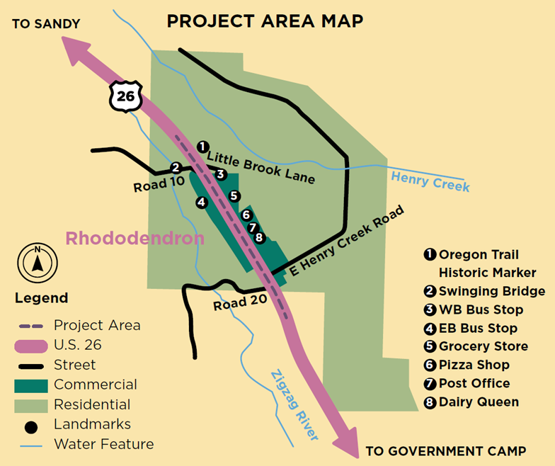 Project area at Rhododendron between Sandy and Government Camp, including local destination such as bus stops, grocery.