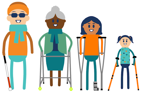 Icon showing four people using different types of mobility devices: white cane, walker, crutches, forearm crutches