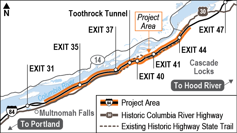 Work occurs along I-84 between Multnomah Falls and east of Exit 44 in Cascade Locks.