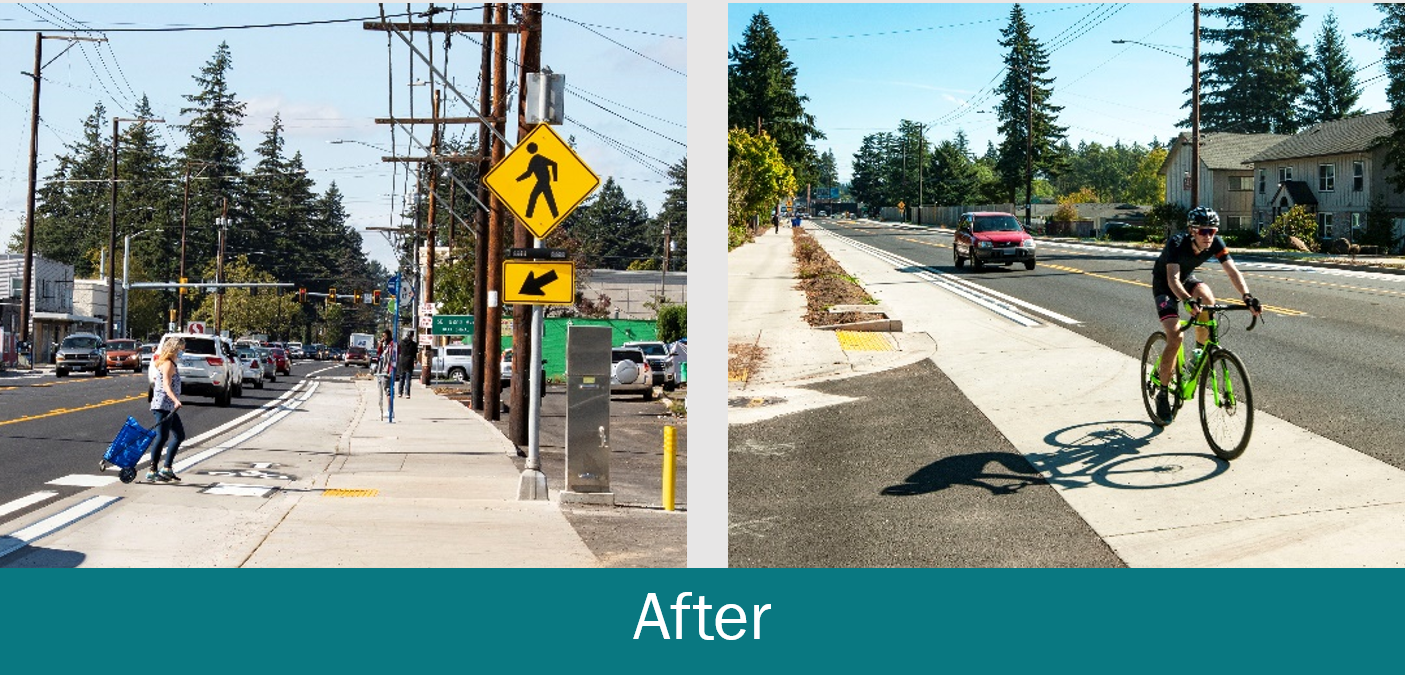 Image of the roadway and sidewalk improvements on Powell Boulevard after construction of Phase One.
