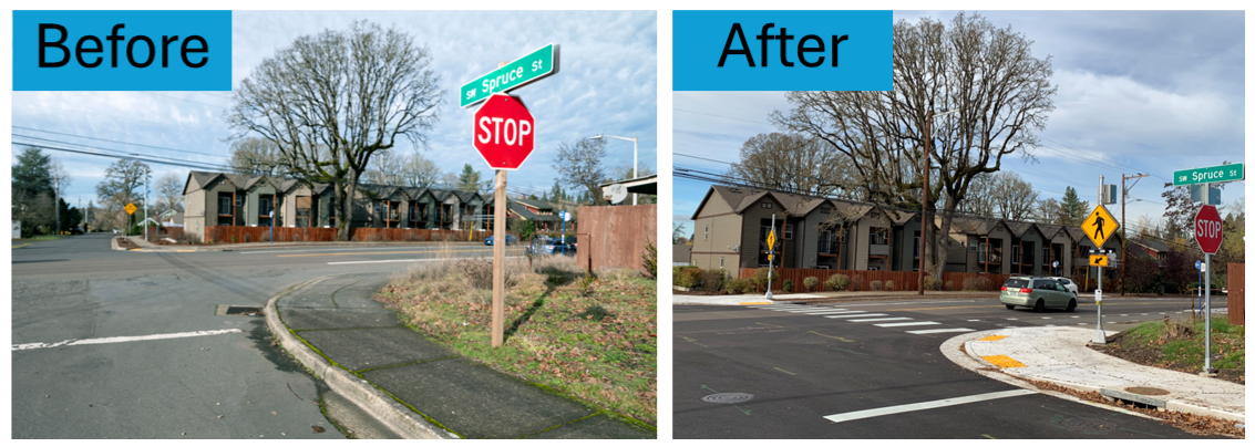 Before and after photos of Hall Boulevard at Spruce Street.